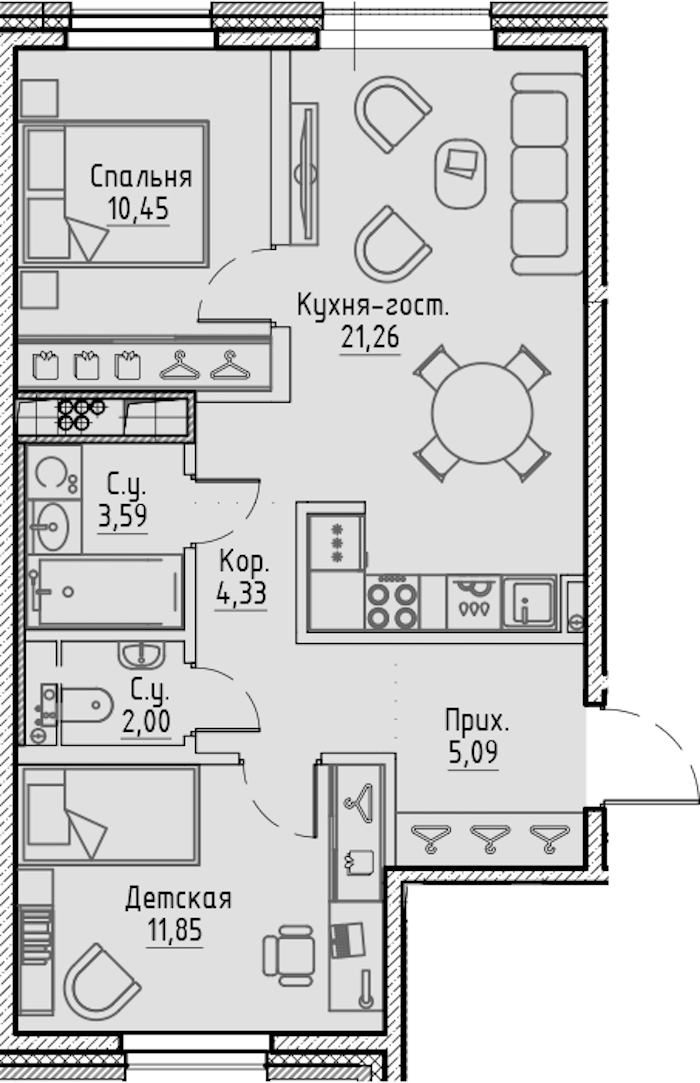 2-комнатная квартира 58.57 м², 7/7 эт., ЖК «LEGENDA Сампсониевский 32»